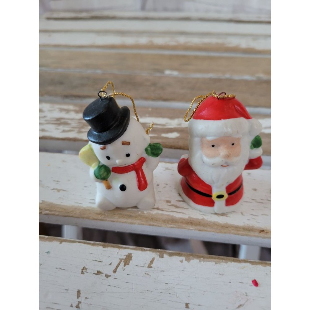 Vintage‎ snowman Santa porcelain ornament set of 2 Xmas tree holiday home decor